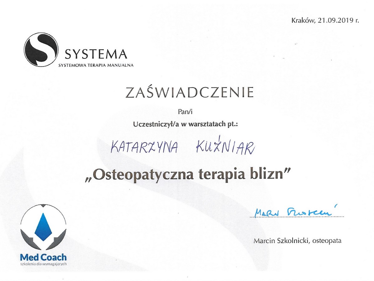 Certyfikat - REFLEXO Katarzyna Kuźniar - Osteopatyczna terapia blizn
